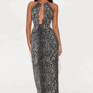 Halterneck Snake-Print Cutout Maxi Dress - Black/White/Brown